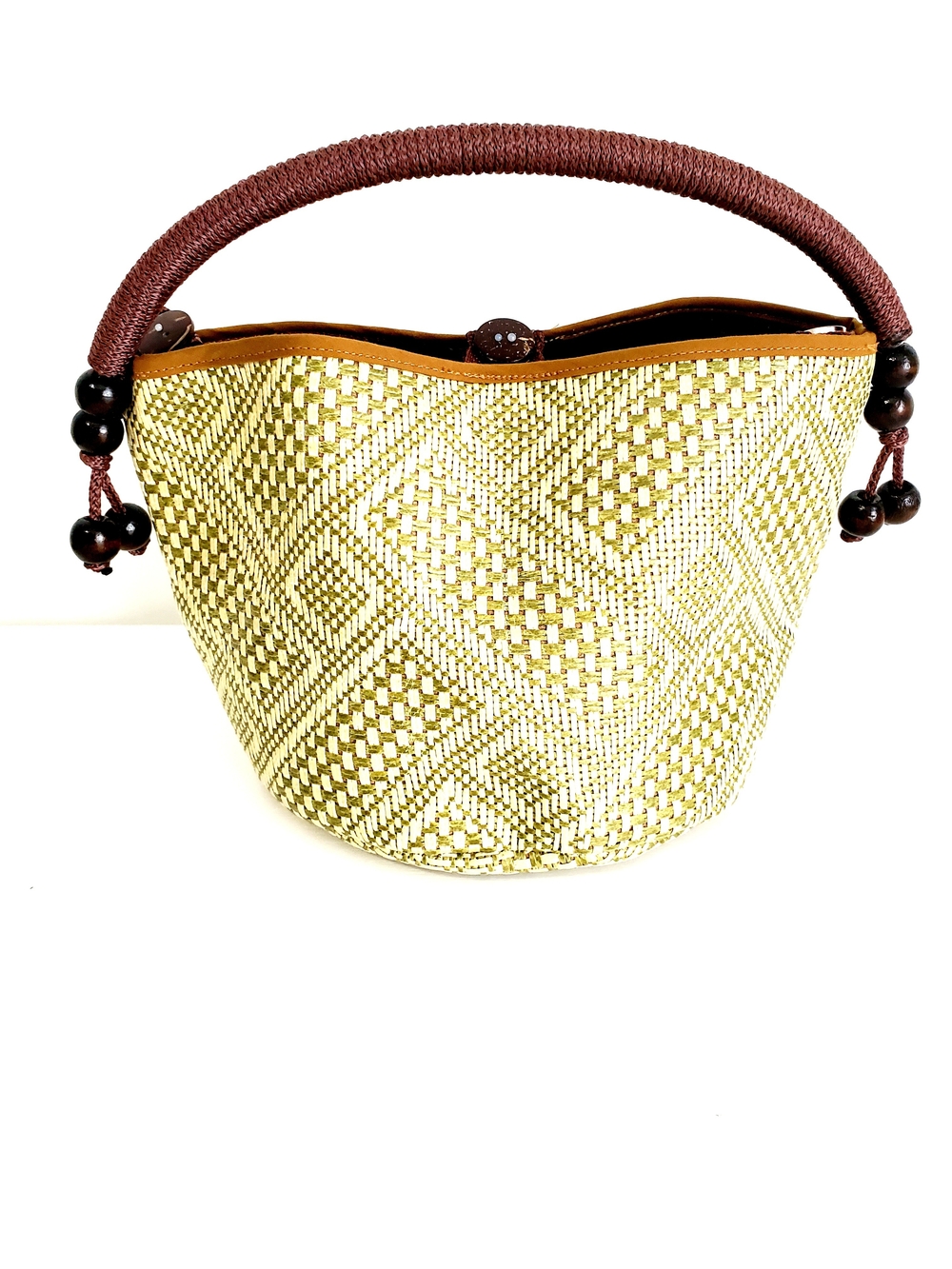 Textured Woven Mini Bag with Brown Wrapped Handle